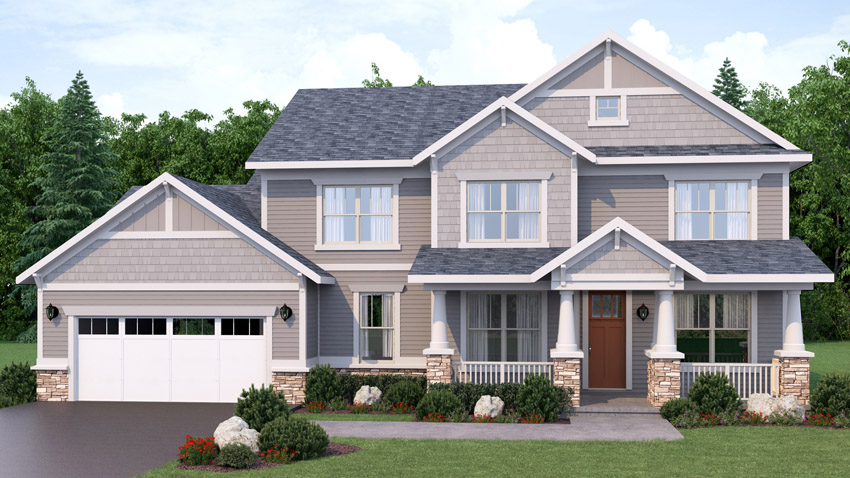 Exterior rendering of a 2-story home from the front, Bethpage floor plan.