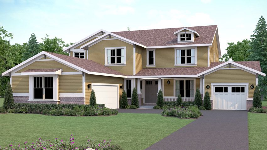 Exterior rendering of 4 bedroom, 3.5 bath home floor plan, in the Craftsman exterior style
