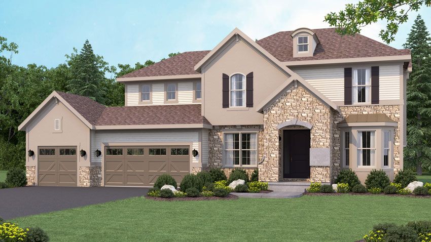 Exterior rendering of a 2-story home in the French Country style. There is a driveway and front yard leading up to a 3-car garage and a grand entryway surrounded by stone.