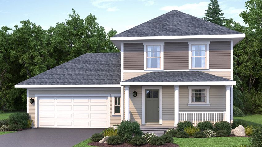 Exterior rendering of Tamarack floor plan, 3 bed/1.5 bath. Four Square exterior style.